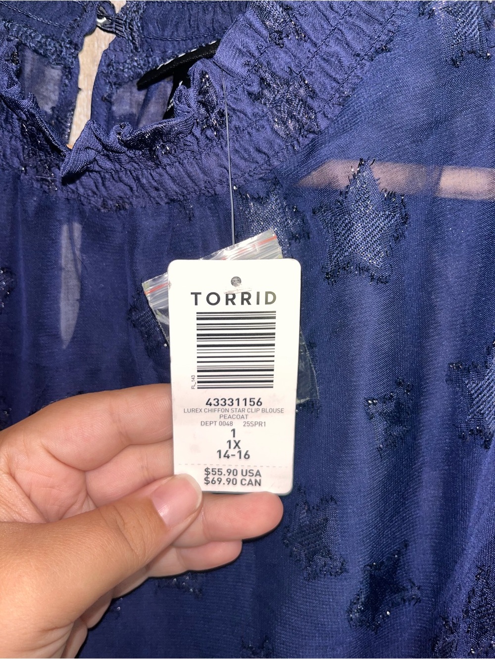 NWT Torrid Lurex Chiffon Star Blouse Navy Sheer Metallic 1X 14-16 - Picture 6 of 6